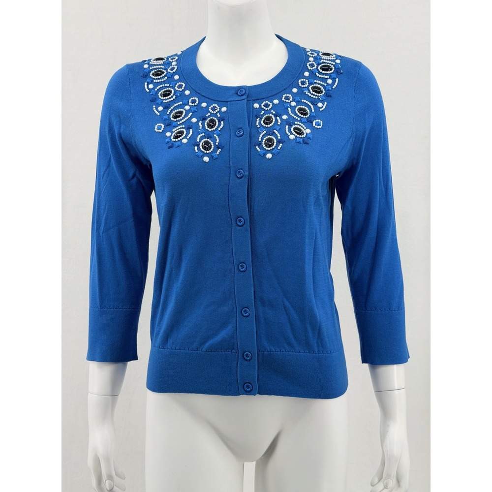 Kate Spade Sweater Women Medium Azure Blue Arcadia Cardigan Beaded Preppy Cotton
